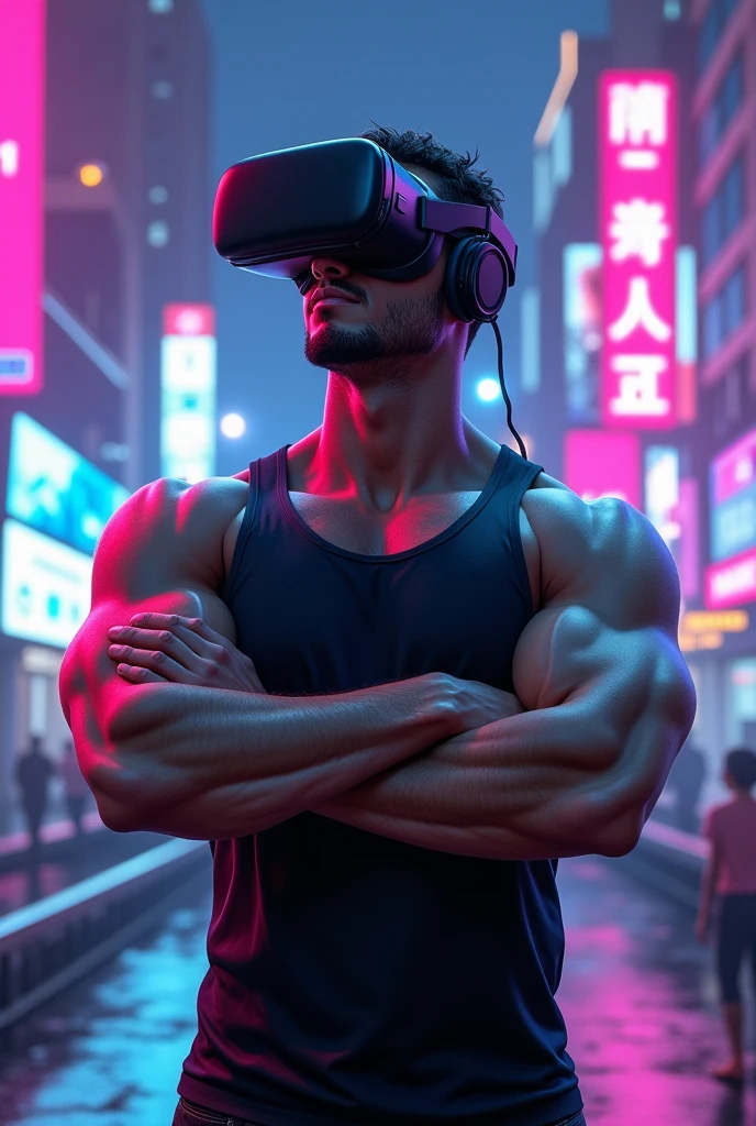 A hyper-realistic digital art of a Greek god-like figure wearing a virtual reality headset, standing in an ancient temple, surrounded by pillars, purple and pink lightning bolts crackling around, dramatic backlighting creating a neon halo effect, intricate details in the stone sculpture, futuristic and mythological fusion, high contrast, vivid colors, cinematic lighting, inspired by sci-fi and classical art, digital painting techniques, soft focus on the background, glowing elements --ar 16:9 --v 6.1