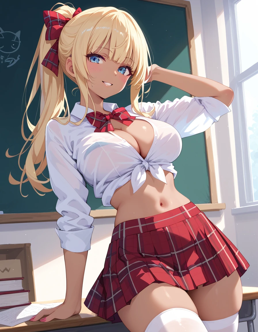 1girl,solo,school uniforms,miniskirt,classroom,dark skin,blonde hair,pink eyes,large breastst,twin tail,midriff,no bra,sitting,smirk,spread legs,teeth
