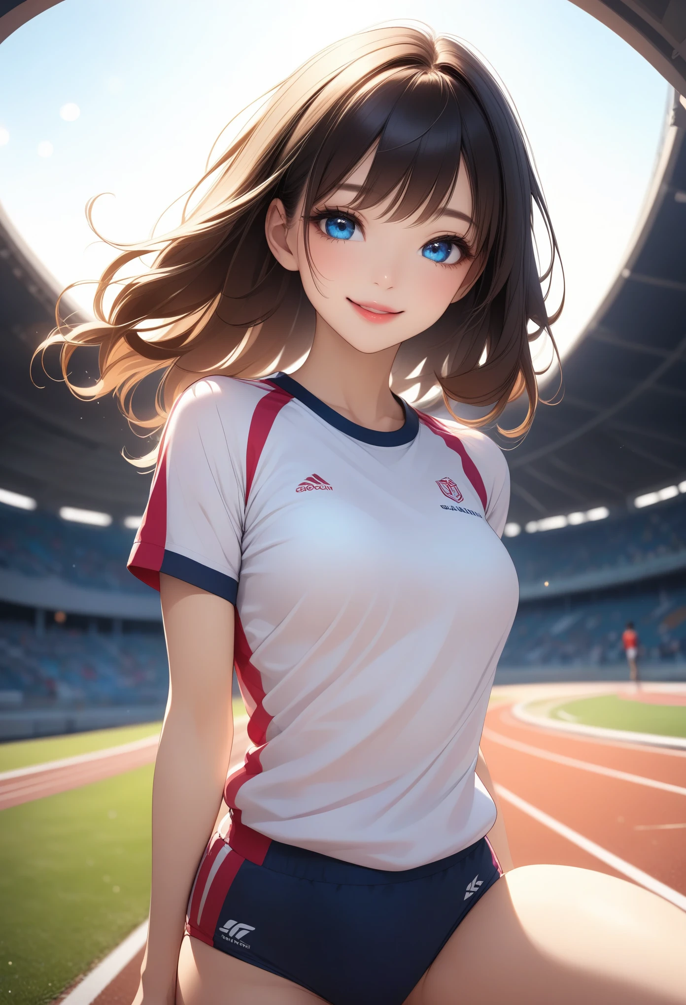 Young woman in gym clothes 、buruma:1.4、 Running、Running pose:1.2、(( Beautiful eyes with every detail 、 Beautiful Lips with Every Detail 、 Extremely detailed face and body、 delicate facial features 、Cute Smile:1.1))、((Athletics Track、Stadium))、Graceful pose、 dynamic actions、Perfect Symmetry 、 vibrant colors、Warm lighting、 Dutch angle、8k、 very fine 、CG illustration:1.2、 sharp focus、 professional quality、Elegant Aesthetics