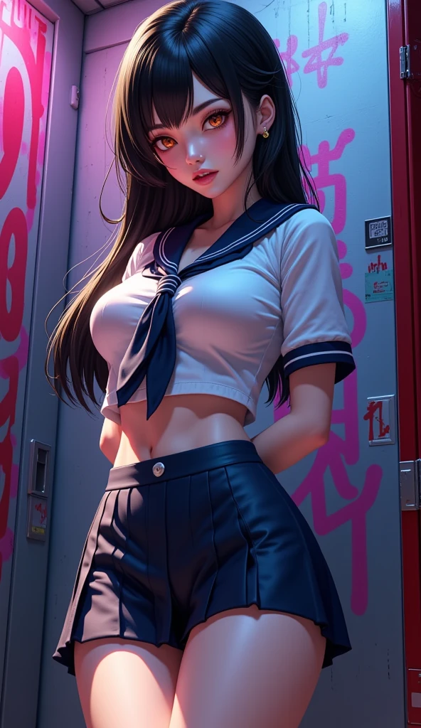 One girl、uniform　sexy　Erotic　Black Hair　mini skirt　Student Uniform　Sailor suit, Excellent anatomy, masterpiece, Highest quality,Realistic, hyperRealistic, 16k hdr,(((skirt lift))),NSFW、Long Hair、Straight Hair、bangs、freckles、Brown Hair、high school girl、White panties、Slender、Slender body、In the locker room, asian high school girl, huge breasts, cleavage, Lewd, horny, sexual gaze, huge breasts, cleavage, edgy graffiti graphic design with a neon pink, orange, and yellow colored palette, sexy pose, big orange eyes, ulzzang, portrait, (anime), manga, (3D), sexy, 8ｋ, Highest quality, masterpiece, Sharp focus, yellow hair, orange eyes, ((from below)), arms behind back, (photorealistic), 