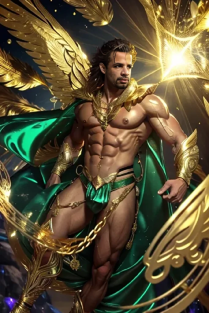 Illustration of a handsome Horus man, he is sexy and muscular, shirtless, his body is brown, his eyes are led turquoise, he is ?????,  there's a turquoise glow coming from his ??????, there's black and turquoise fog, turquoise flames, gold sparks, up close