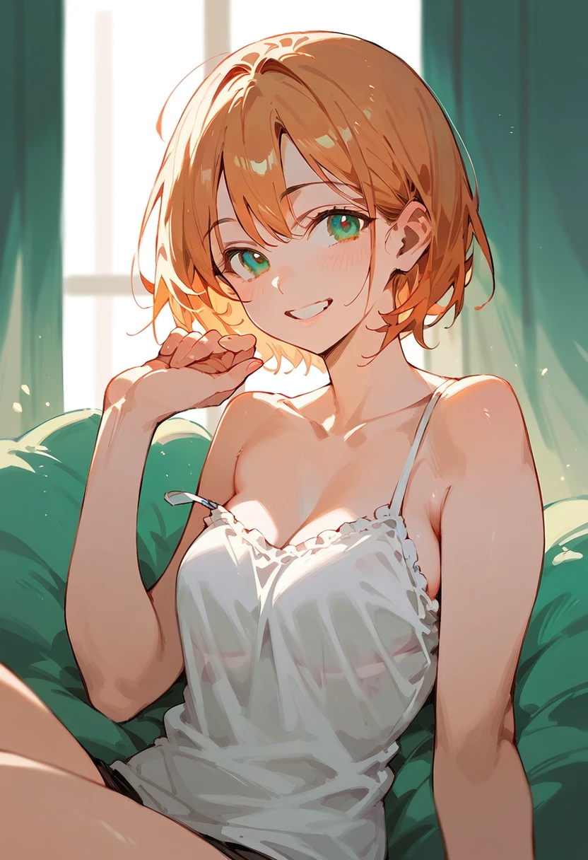 One , See-through night dress、(Orange hair color,Inner color hairstyle), Beautiful Hair, Facial Contour, Remember, ,Hotel, splash, Lens flare, noon, bright, Natural Color, High resolution, Very delicate, Very detailed, 8k,Lying in bed、Just a slight swelling of the chest、Shyness、Angle from below,((Sexual))