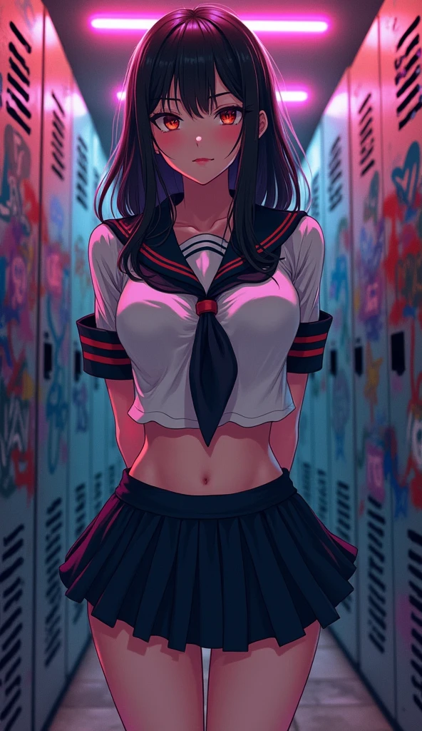 One girl、uniform　sexy　Erotic　Black Hair　mini skirt　Student Uniform　Sailor suit, Excellent anatomy, masterpiece, Highest quality,Realistic, hyperRealistic, 16k hdr,(((skirt lift))),NSFW、Long Hair、Straight Hair、bangs、freckles、Brown Hair、high school girl、White panties、Slender、Slender body、In the locker room, asian high school girl, huge breasts, cleavage, Lewd, horny, sexual gaze, huge breasts, cleavage, edgy graffiti graphic design with a neon pink, orange, and yellow colored palette, sexy pose, big orange eyes, ulzzang, portrait, (anime), manga, (3D), sexy, 8ｋ, Highest quality, masterpiece, Sharp focus, yellow hair, orange eyes, ((from below)), arms behind back, (photorealistic), 