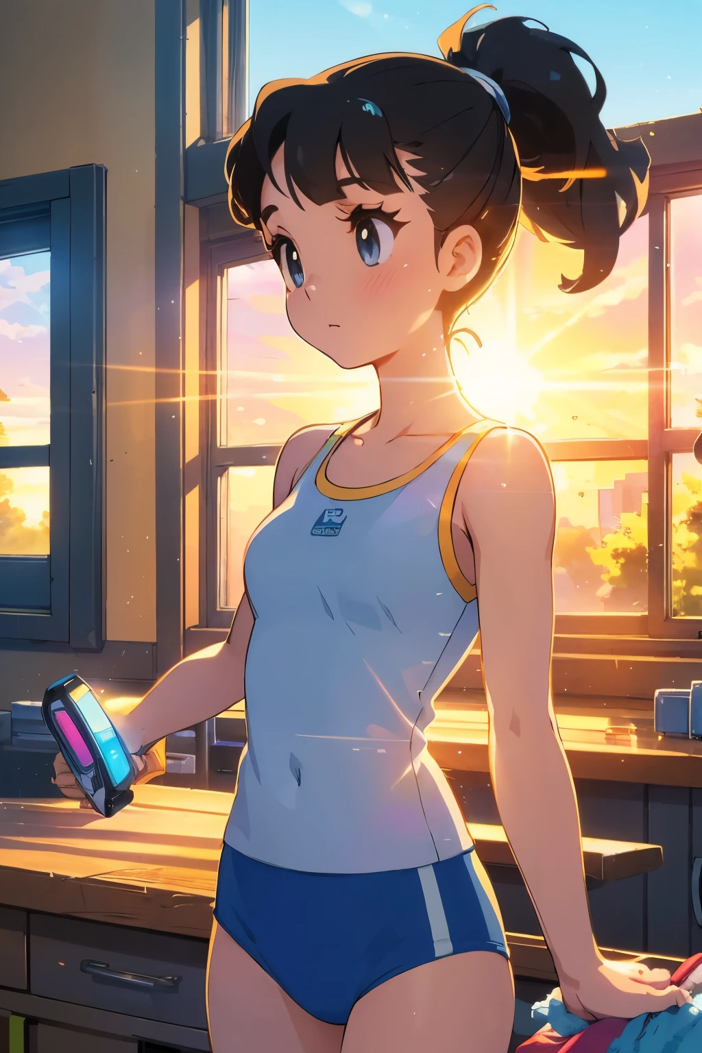 Cher,  ponytail,  tank top , Waist Clothes,  cleaning a portal gun on a workbench,  bright morning sunlight shining through a window  ( zrpg style ) (masterpiece:1.2) (Illustration:1.2) (Best Quality:1.2) (  Details) (Complex) (8k) ( Hi-Res) ( Movie Lighting) ( sharp concentration),Sunrise background ，