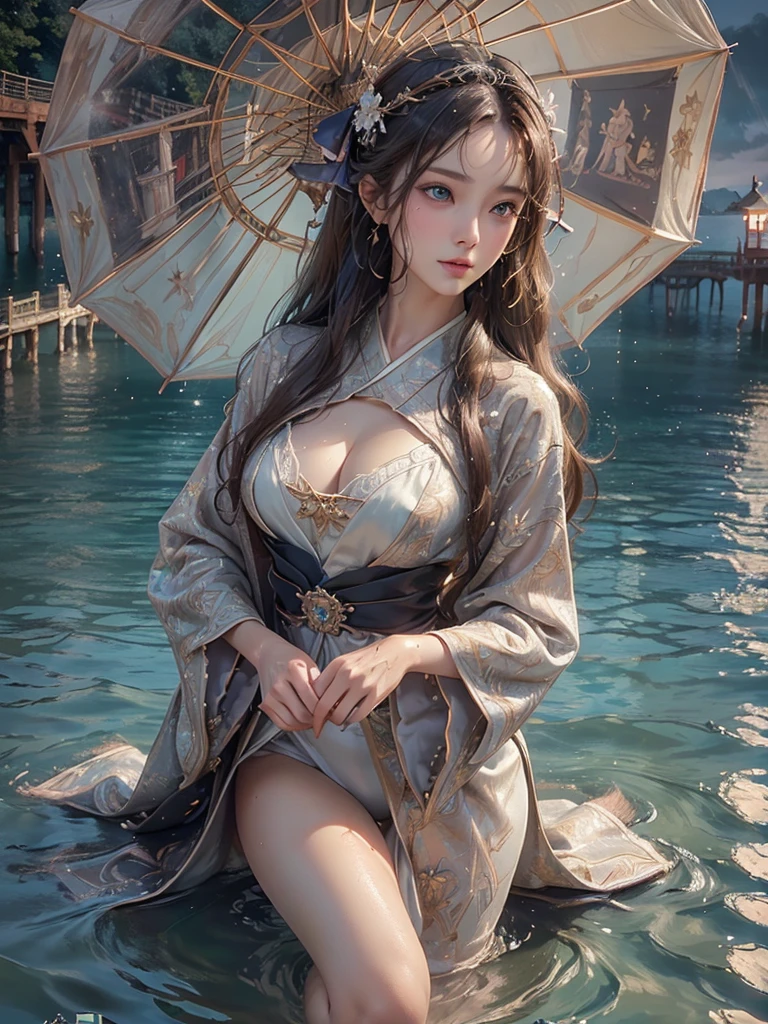 (photo realistic:1.35),  masterpiece, best quality, CG, wallpaper, HDR, high quality, high-definition, extremely detailed, 
(Intricate details), (Subtle details), (Intricate details), 

(A woman), 
((Pier jutting out into the lake:1.3)), 
(spread legs), 
(Squall:1.35, splashes), 

beautiful scenery, 
(midnight, night sky), ((starry sky)),
shine, glint, 

(wet hair, wet skin,) 
brown hair, cleavage, 
(wearing soft silk clothing), 
(holding an japanese umbrella ),  headdress, 
shining eyes, 
perfect face, detailed face, 
perfect female anatomy, two legs, two feet, two arms, 

