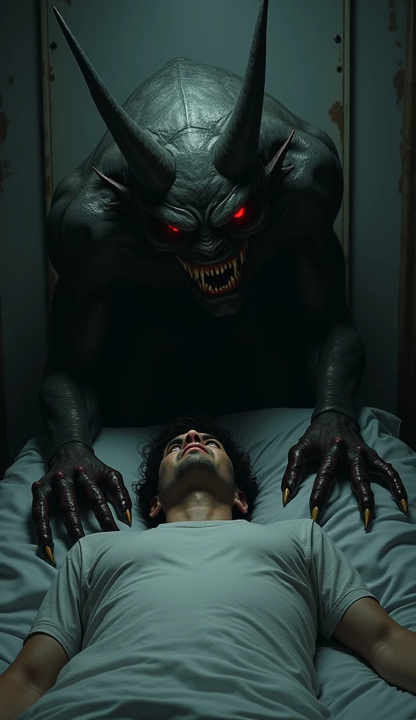 A young man lies in bed, paralyzed, with wide, terrified eyes. Dark, shadowy demons with glowing red eyes hover above him, their ghostly forms pressing down on his chest. The room is dimly lit with an eerie blue glow, casting long shadows that enhance the chilling atmosphere. The spirits swirl menacingly, embodying the weight of sleep paralysis, trapping the man in a state of fear and helplessness. The scene is tense, with a haunting, supernatural presence looming over the man as he struggles in
