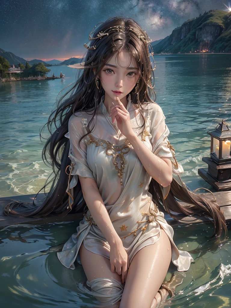 (Realistic:1.35),  masterpiece, 最 high quality, CG,  wallpaper,  Hi-Res,  high quality,  High Definition,  extremely detailed, 
( Intricate Details), (Subtle details), ( Intricate Details), 

(woman), 
((Pier sticking out into the lake :1.3)), 
( spreads legs), 
(Squall:1.35, splashes), 

 beautiful scenery , 
(Midnight, Night Sky), (( starry sky )),
Shine, Sparkle, 

( wet hair,  wet skin ,) 
Brown Hair,  clevis, 
( wearing soft silk clothes  ), 
 Headdress, 
Shine瞳, 
 perfect face,   detail face , 
完璧なwomanの解剖学, Two legs, Two Legs, Two wrist, 

