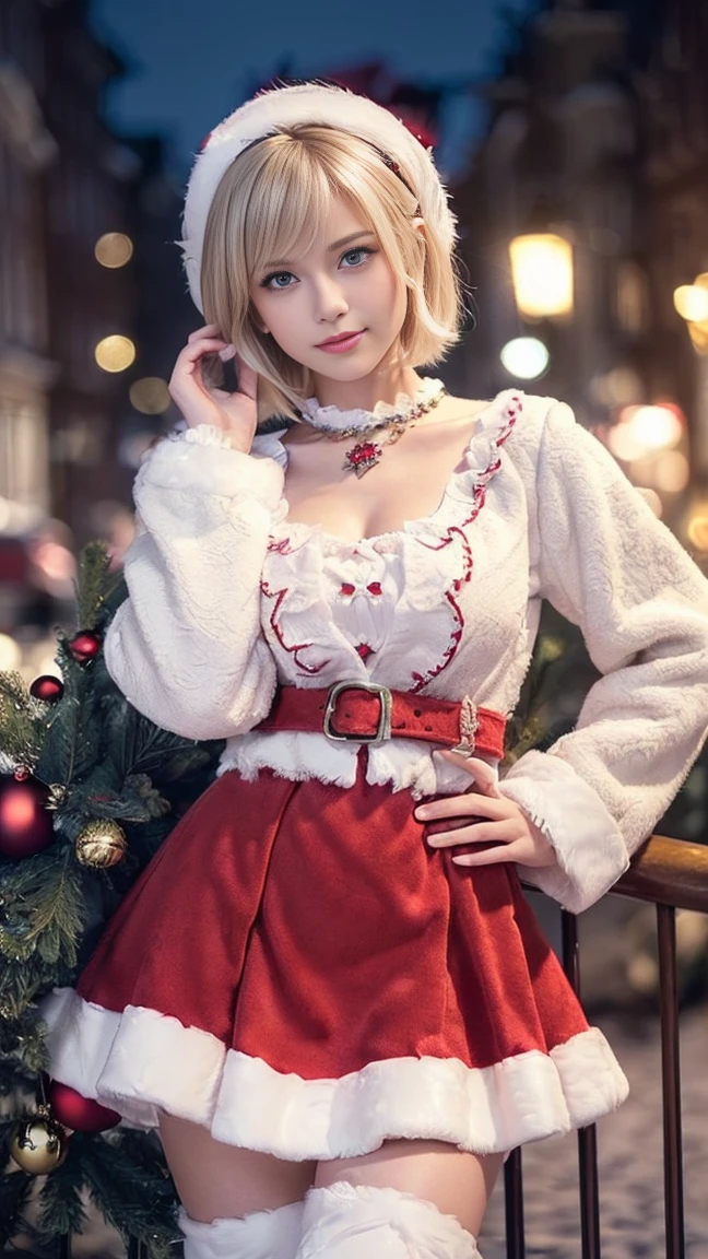 ( super detailed eyes ), (((  textile shading ))), (((Best Quality))), (((masterpiece))), (((Super detailed CG))), Gentle and gentle girl, (((Magical ))), ( smaller), ( small breasts),  blond hair,  blond hair,  blond hair, Pinup emo , (( short hair,  short hair, nice hair)), Pink Eyes, (((Christmas dress,  red and white faux fur trim carduroy jacket, 2000, Scalloped skirt))), (( pose)), (((Game CG)) (nice, Gentle and gentle, It Girl), Expensive jewelry, Bright Sky,  amsterdam light festival ,  Christmas Vibes,  light christmas ,  Christmas trees , strong  amsterdam light festival  atmosphere,  cowboy shot,  mid-shot ,  centered image ,  looking at camera , Knight