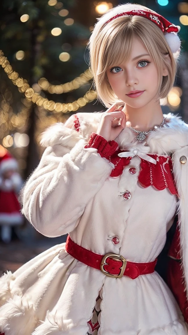 ( super detailed eyes ), (((  textile shading ))), (((Best Quality))), (((masterpiece))), (((Super detailed CG))), Gentle and gentle girl, (((Magical ))), ( smaller), ( small breasts),  blond hair,  blond hair,  blond hair, Pinup emo , (( short hair,  short hair, nice hair)), Pink Eyes, (((Christmas dress,  red and white faux fur trim carduroy jacket, 2000, Scalloped skirt))), (( pose)), (((Game CG)) (nice, Gentle and gentle, It Girl), Expensive jewelry, Bright Sky,  amsterdam light festival ,  Christmas Vibes,  light christmas ,  Christmas trees , strong  amsterdam light festival  atmosphere,  cowboy shot,  mid-shot ,  centered image ,  looking at camera , Knight