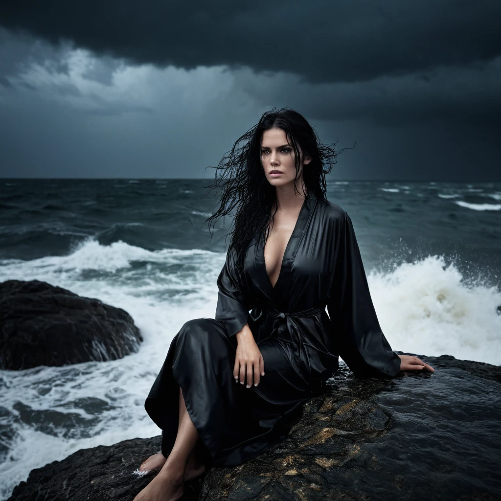 Black and white photo with dramatic effect. A beautiful lady in dark robe sitting atop a rock in the middle of a sea, facing straight to the camera. Her robe and her hair are wet and soaked. The wind is strong, her black hair and her long tattered robe are fluttering in the wind direction. . The sky is dark and stormy. The sea are raging. The rain pours hard. Wave crashing to the rock she is seated on. too dark, chiaroscuro, low-key