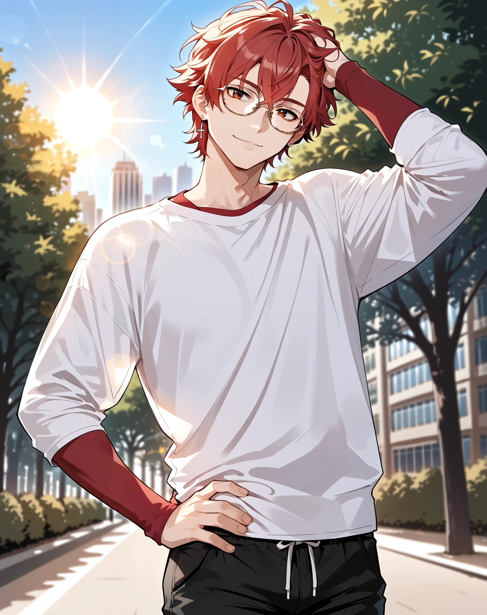 score_9, score_8_up, score_7_up, source_anime {{upper body, source_anime, outdoors, city, park, looking at viewer, solo, dutch angle, lens flare, sun, under tree, light rays}} male, mikoshiba mikoto, crimson hair, crossed bangs, baggy pants, oversized shirt, head tilt, round, eyewear, light smile, stud earrings, scratching head, hand on hip.
