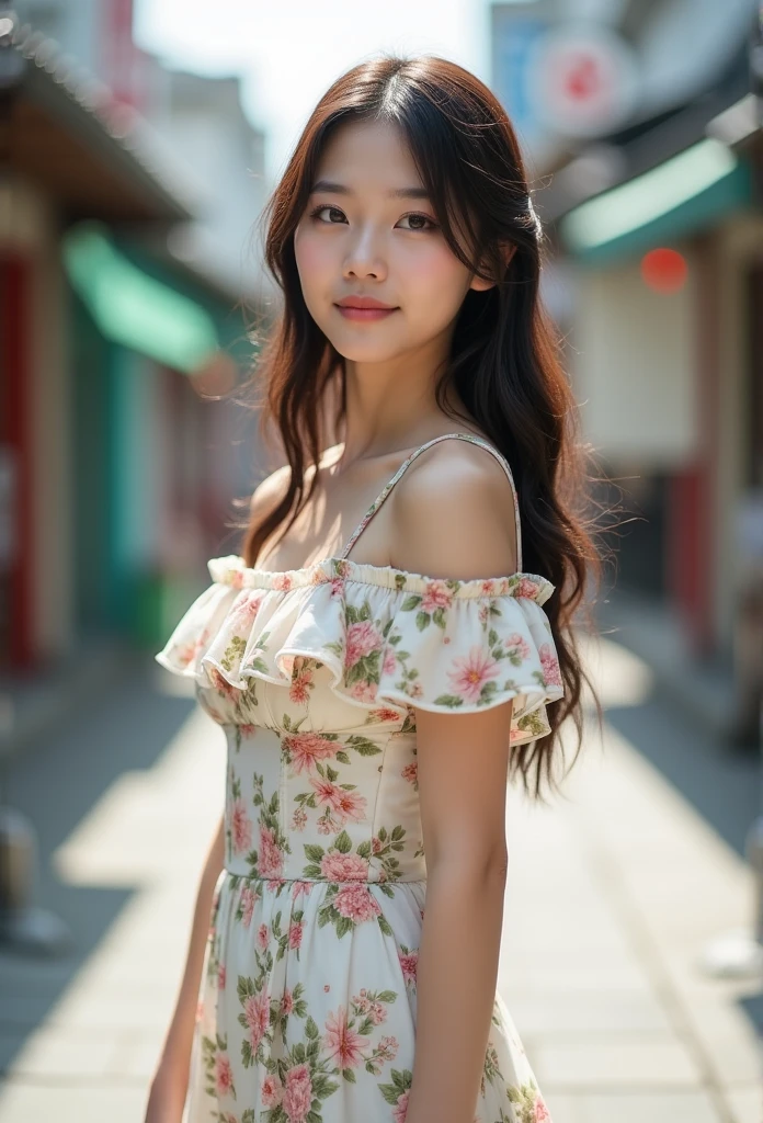              young Japanese woman             , Alone,             HD Download                     , glance ,  解剖学的にAccurate, Best Quality,             HD Download                     , masterpiece, Accurate,  number々Awards,           floral ruffle dress   、       small breasts、 slender、photo shoot、Long Hair、            Curly Hair、     ,      リアル           small breasts 、            skinny、whole body、smile、Around town、       is standing