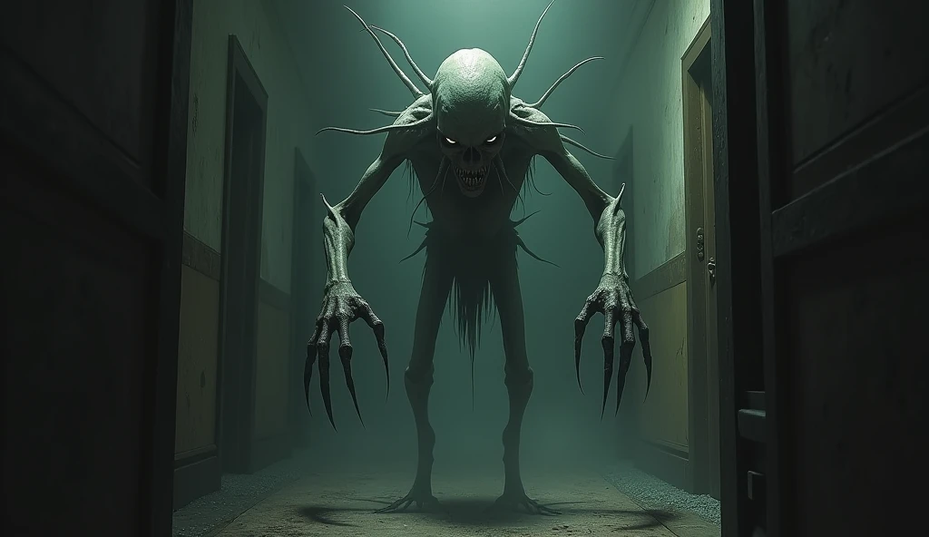 The monster The Rake in a dark corridor , extending his hands with long ...