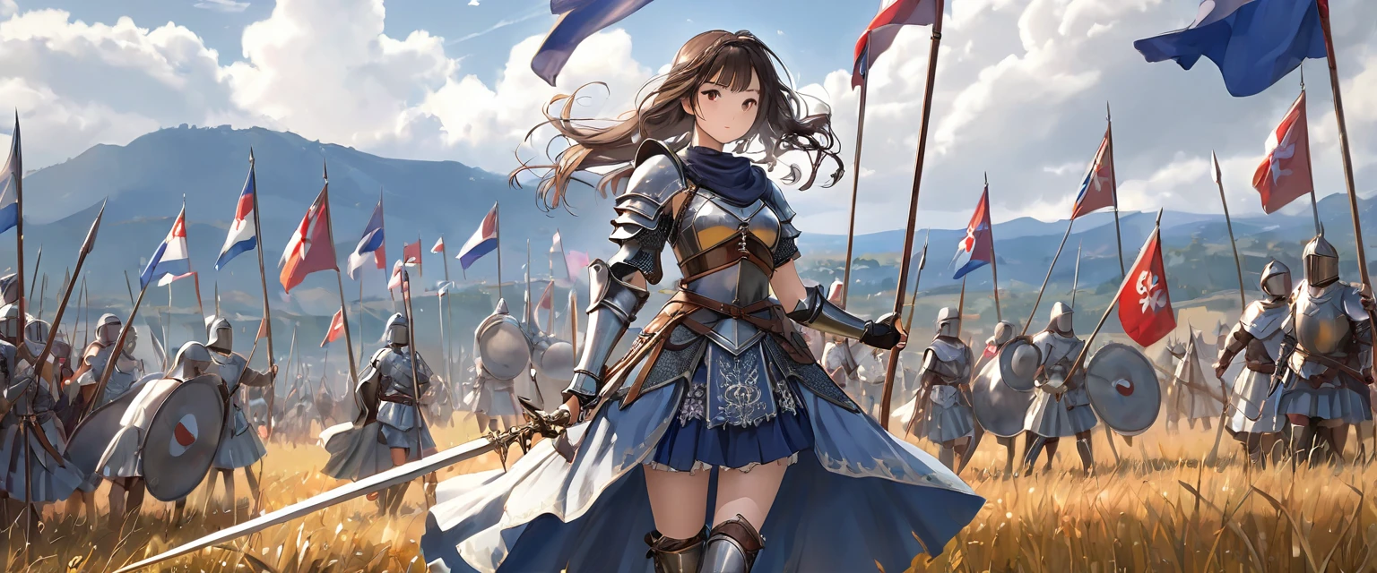 (  Highly Detailed CG Octane Rendering 8K Wallpaper ),  World's Most Beautiful Artwork  ,  Long Spear with a Flag , Complex,  high detail, ８  girl , Silver embroidery, Medieval Long Cotton Dress （With panniers）, cotton cloth,  Raise Skirt  , Strong winds, Transparent slip, Translucent Tights  , Peeking from below, Best Quality, Disarray of clothing,  lies down, underwear,  show off your thighs, knight , Skirt lining, Bloomers、 Leather Armor、 with a flag attached to a long spear ,battlefield