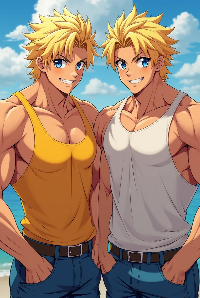 ((Anime style art)), Extremely muscular two male character's, Roman ethnicity, 2 boys, Pale skin, short wavy hair, blonde hair, Sapphire blue eyes, bodybuilder body, Shirtless, Topless, (((SHIRTLESS))) Hands raised at neck level, (((Hands raised at neck level))) wears a string thong, bulge in the crotch, muscular male, gigachad, 2 boys, two mens, Beach, sun, clouds, Main character of the anime, Nice image, Hard drive, 4k.