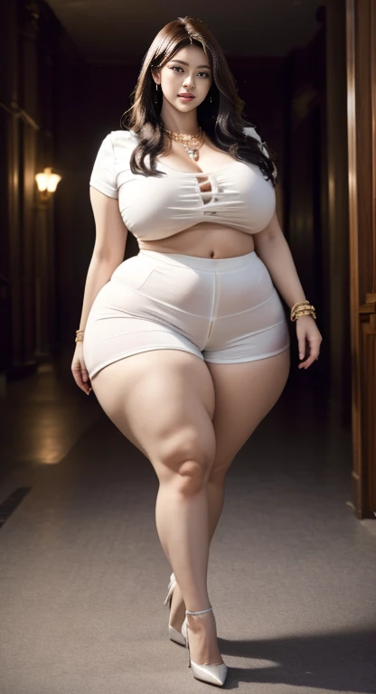 (nsfw),(8k, ultra-high resolution, highest quality, masterpiece:1.2), ultra-realistic, (realistic, photorealistic:1.37), (realistic skin:1.2), ultra-detailed, Canon EOS RP, 8k, Korean mature woman, smiling,(((super obese)))、 (((super curvy,))) ((super voluptuous,)) adult model, standing still, ((full body shot)), thick ankles, (short hair), (empty space), (pale white background only),