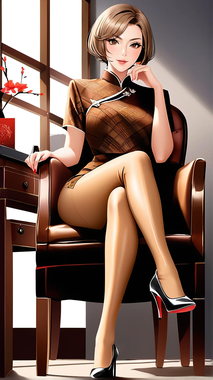 Office, beauty sitting a japanese woman in chair, short hair, beautiful legs, high heels, brown pantyhose, uit, fondOÇ dice "LYASOFT"