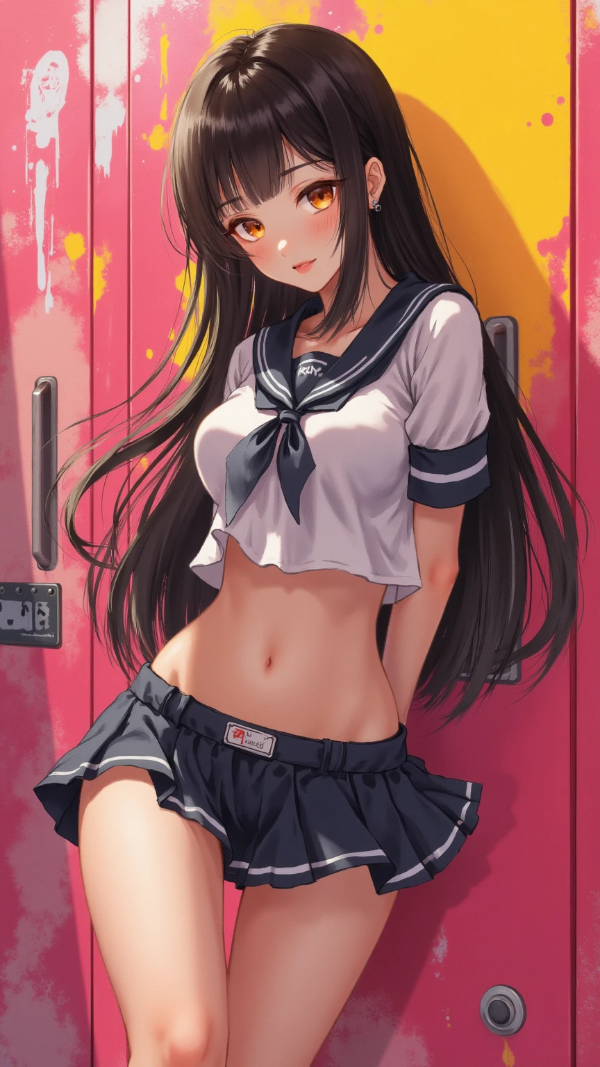 One girl、uniform　sexy　Erotic　Black Hair　mini skirt　Student Uniform　Sailor suit, Excellent anatomy, masterpiece, Highest quality,Realistic, hyperRealistic, 16k hdr,(((skirt lift))),NSFW、Long Hair、Straight Hair、bangs、freckles、Brown Hair、high school girl、White panties、Slender、Slender body、In the locker room, asian high school girl, huge breasts, cleavage, Lewd, horny, sexual gaze, huge breasts, cleavage, edgy graffiti graphic design with a neon pink, orange, and yellow colored palette, sexy pose, big orange eyes, ulzzang, portrait, (anime), manga, (3D), sexy, 8ｋ, Highest quality, masterpiece, Sharp focus, yellow hair, orange eyes, ((from below)), arms behind back, (photorealistic), 