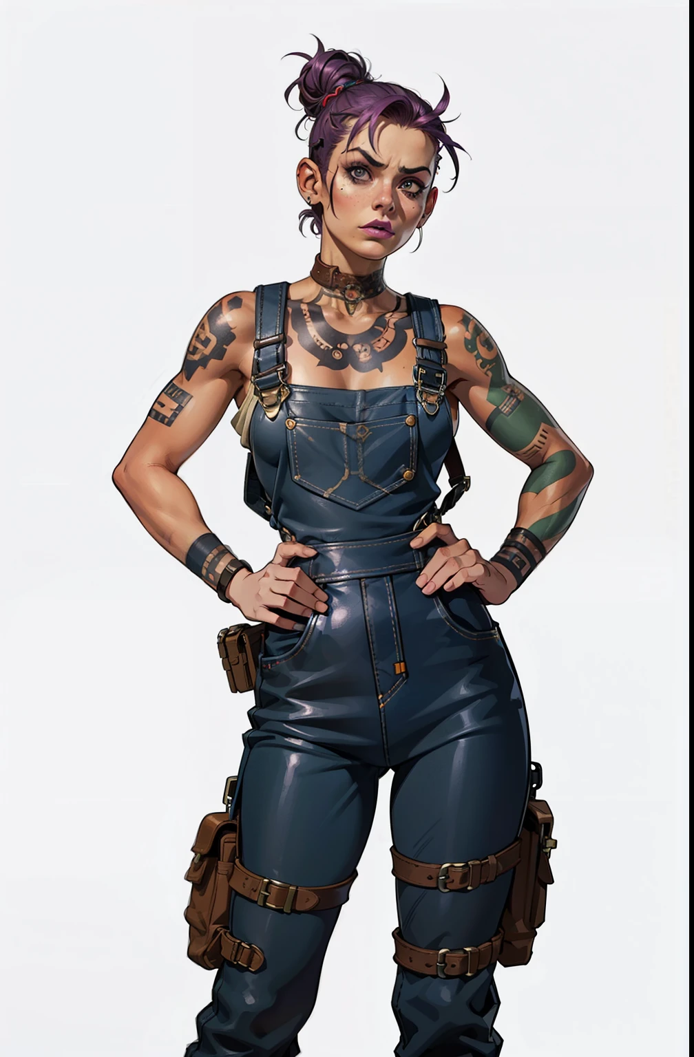 ((best quality)), ((masterpiece)), (detailed), mesmerizing and alluring female mechanic covered in grease,Confident smile，Look into the camera，(Dirty and rugged body:1.2), (tough and confident demeanor:1.1), (mechanical expertise:1.3), ponytail hair, smudged face with a playful smirk, (zippered workpack coveralls:1.3) loose from her bare body, exposed breast and abs, cluttered repair shop, scattered car parts, (authentic automotive ambiance:1.2), (inocent gaze:1.1), gripping a wrench in her dirty hands, 8k resolution,looking at another, looking away,(irezumi tattoo:1.2), masterpiece, best quality,Photorealistic, ultra-high resolution, photographic light