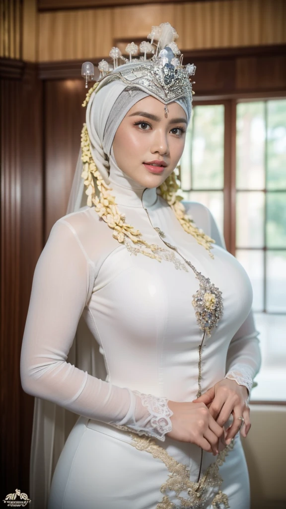 (masterpiece), ((best high quality:1.0), (ultra highres:1.0), detailed illustration, 8k, ((highest detailed)), ((ultra realistic)), soft lighting, ((realistic face, realistic skin)), ((super high resolution)), extreme detailed, ((HD picture)), ((indonesian old mother with hijab)), huge breasts, forward chest, busty body, short body, ((perfect beautiful face, thick lips, blush, Perfect round eyes, fat body)), ((sexy panganten sunda)), 2/3 body, ((wedding hall background)), ((sundese interior design))