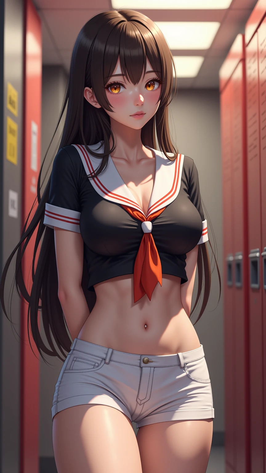 One girl、uniform　sexy　Erotic　Black Hair　mini skirt　Student Uniform　Sailor suit, Excellent anatomy, masterpiece, Highest quality,Realistic, hyperRealistic, 16k hdr,(((skirt lift))),NSFW、Long Hair、Straight Hair、bangs、freckles、Brown Hair、high school girl、White panties、Slender、Slender body、In the locker room, asian high school girl, huge breasts, cleavage, Lewd, horny, sexual gaze, huge breasts, cleavage, edgy graffiti graphic design with a neon pink, orange, and yellow colored palette, sexy pose, big orange eyes, ulzzang, portrait, (anime), manga, (3D), sexy, 8ｋ, Highest quality, masterpiece, Sharp focus, yellow hair, orange eyes, ((from below)), arms behind back,