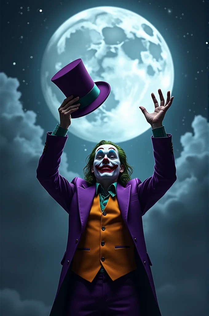 DC comics, The joker (insane smile, big stary eyes, trademark purple outfit, arms out) standing on the roof of a skyscraper, viewed from a low angle behind shoulder, insane starry night with evil stars
