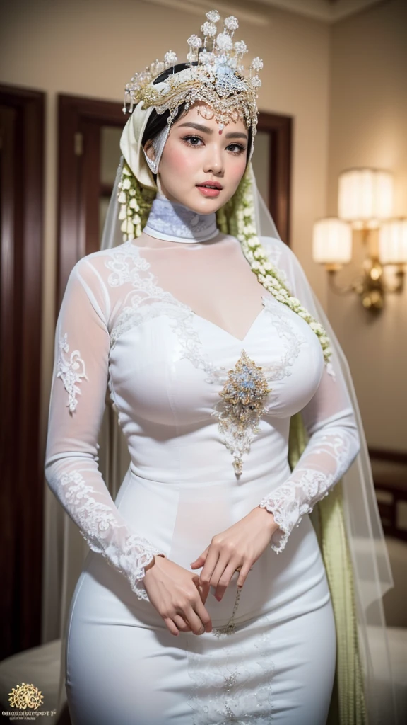 (masterpiece), ((best high quality:1.0), (ultra highres:1.0), detailed illustration, 8k, ((highest detailed)), ((ultra realistic)), soft lighting, ((realistic face, realistic skin)), ((super high resolution)), extreme detailed, ((HD picture)), ((indonesian old mother with hijab)), huge breasts, forward chest, busty body, short body, ((perfect beautiful face, thick lips, blush, Perfect round eyes, slim body)), ((sexy panganten sunda)), 2/3 body, ((wedding hall background)), ((sundese interior design))