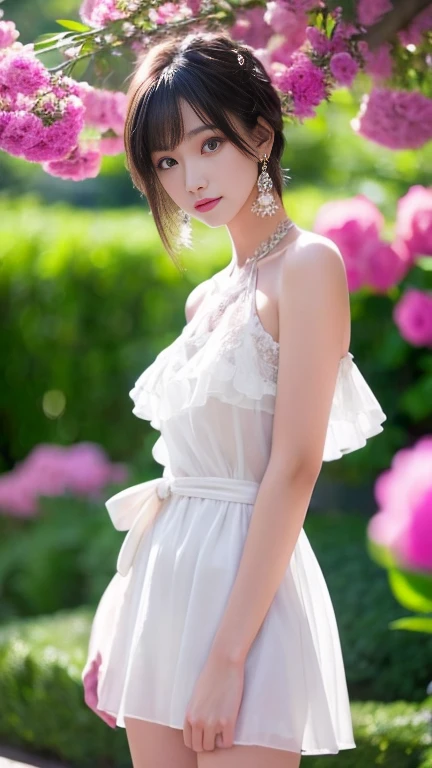 (highest quality, 32k, High resolution, masterpiece:1.5, ), marimo_jet, Memorable photos in abstract style, In a swirl of fantastic pastel colors and soft light, A sense of calm and elusive beauty, Very rich emotional expression, Have a rich imagination, Beautiful Japanese Girls, An exceptionally beautiful face, Small Face Beauty, ((Full body shot:1.3)), Perfect Human Anatomy, Magical big eyes, Motherhood and generosity, Deep Love, ((fleeting smile:1.0)), Shiny black hair, Half Up Hair, Asymmetrical bangs, Hair between the eyes, Transparent, soft white skin, Sharp eyebrows, Thin lashes, Natural Makeup, Cheek highlighter, Pale pink detailed lips, ((White see-through dress)), Off the shoulder, High resolution perfect clavicle, High resolutionの美しい胸, Slender body with ample breasts, High resolutionの美しい太もも, Soft sunlight, (Colorful sparkling light effects:1.3), Surrounded by many white roses, Professional Lighting, Professional Photographer, Professional models,Mysterious