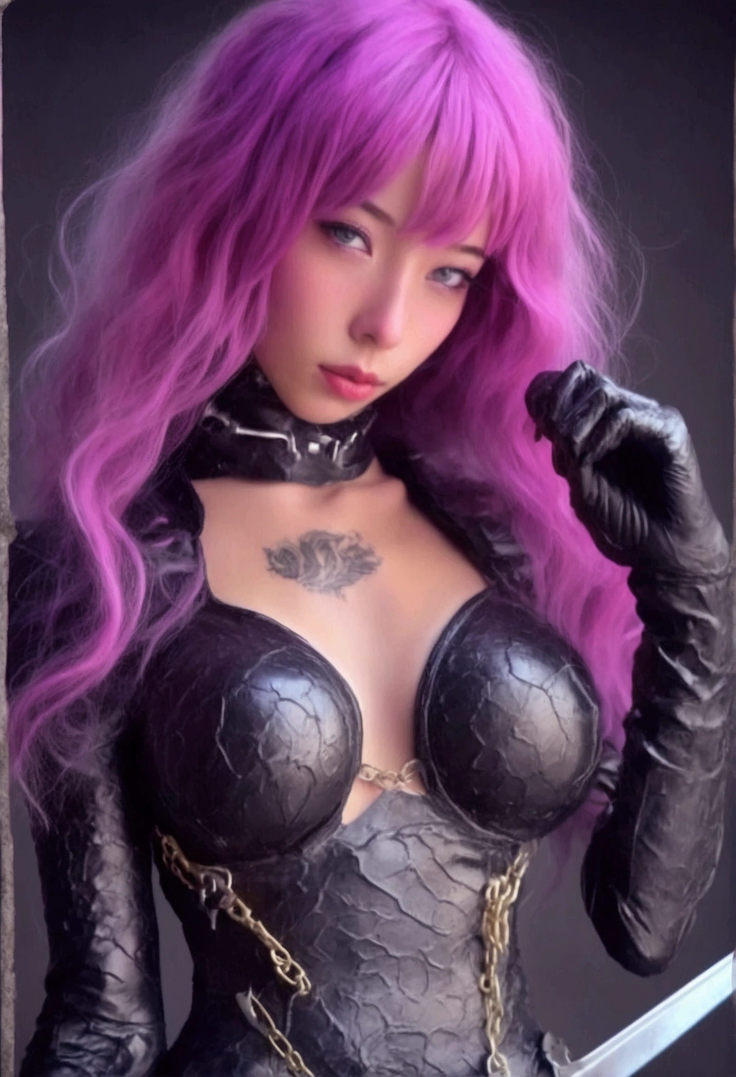 Highest quality、masterpiece、Ultra-high resolution、(Photorealistic:1.4)、RAW Photos、Detailed CG image quality、cyber punk、Beautiful poop、One Girl、(Leather wizard&#39;s hat:1.4)、(Leather Wizard Robe:1.4)、Cleavage、(Thin Mirror Silver Latex Suit)、(Purple eyes), (Shining Eyes), Detailed portrait、8K quality、Bright colors、Concept Art、A dramatic, cinematic atmosphere、Sharp focus、Volumetric lighting、Cinema Lighting、Get studio quality、(Colorful neon lighting from behind)、Depth of written boundary、Ambient Lighting、Blurred foreground、Blurred Background:1.3、(Rainy night:1.4), (Severe lightning strike:1.4),
