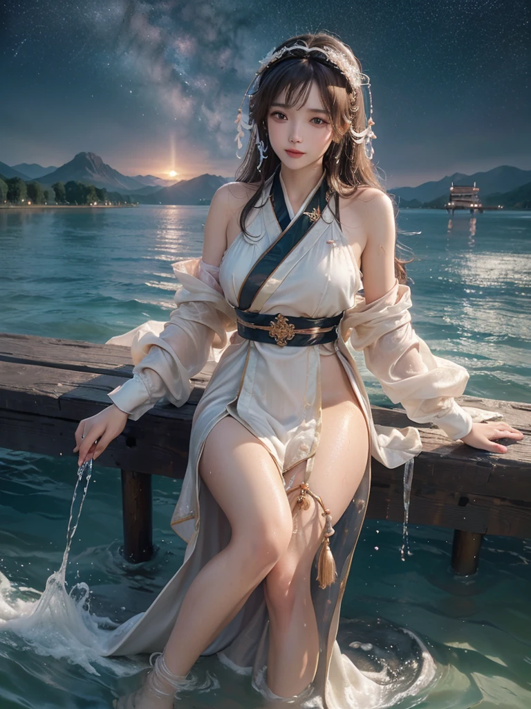 (Realistic:1.35),  masterpiece, 最 high quality, CG,  wallpaper,  Hi-Res,  high quality,  High Definition,  extremely detailed, 
( Intricate Details), (Subtle details), ( Intricate Details), 

(woman), 
((Pier sticking out into the lake :1.3)), 
(Squall:1.35, splashes:1.35), 

 beautiful scenery , 
(Midnight, Night Sky), (( starry sky )),
Shine, Sparkle, 

( wet hair,  wet skin ,) 
Brown Hair,  clevis, 
( wearing soft silk clothes  ), 
 Headdress, 
Shine瞳, 
 perfect face,   detail face touching the kinky area , 
(完璧なwomanの解剖学, Two legs, Two Legs, Two wrist), 

