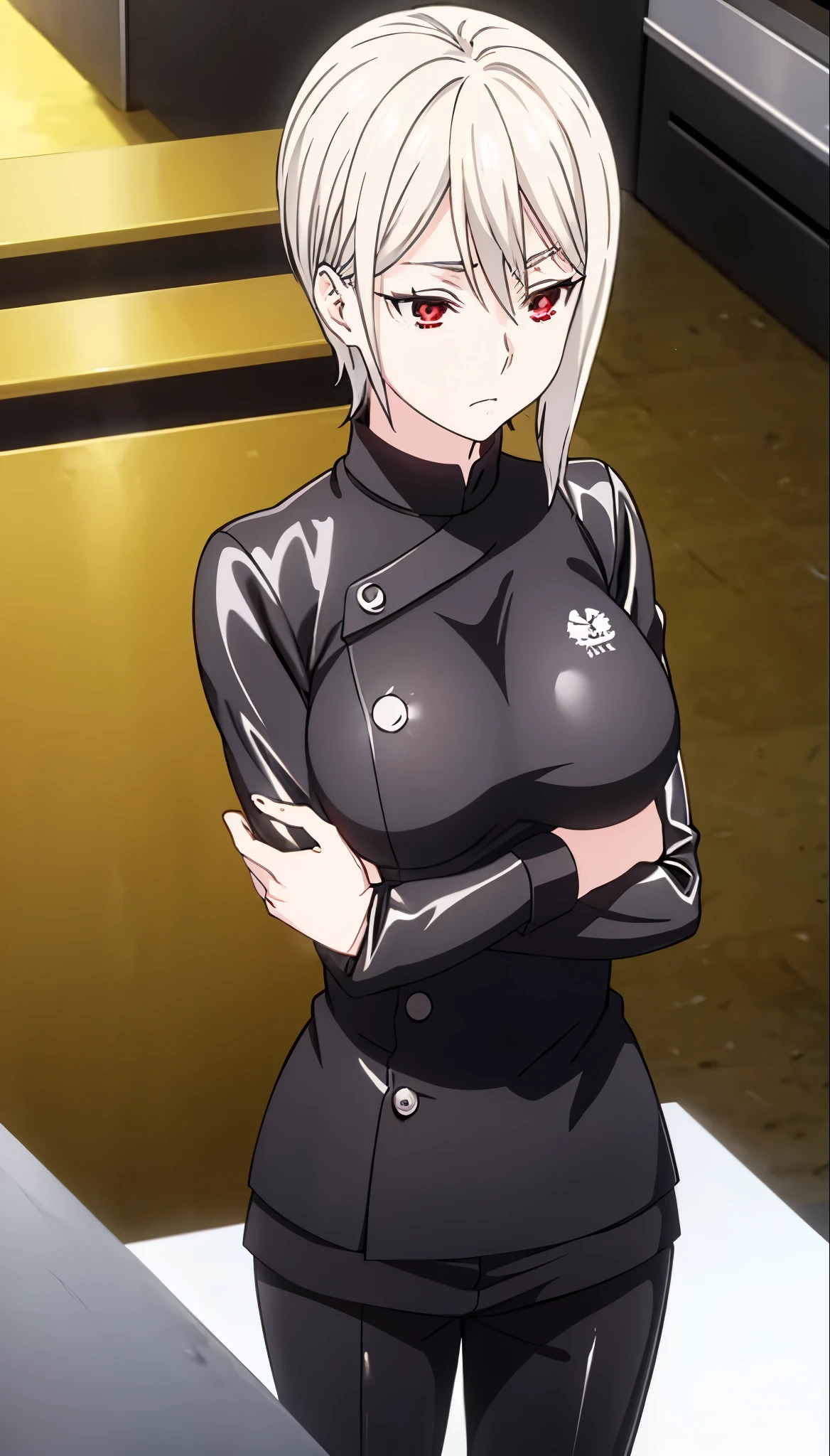 score_9, score_8_up, score_7_up, score_6_up, score_5_up, score_4_up, BREAK source_anime,AliceNakiri, 1girl, solo, short hair, white hair,(Red eyes), glowing eyes,Huge breasts,((empty eyes)),Expressionless,(stand up), ((Black latex chef uniform)), cowboy shot,frying pan, kitchen