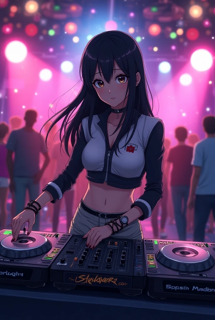 1lady solo, standing at DJ booth, (manipulating equipment), DJ, (trendy and comfortable outfit) stylish, mature female, /(dark brown hair/) bangs, blush kind smile, open mouth, (teeth:0.8), (masterpiece best quality:1.2) delicate illustration ultra-detailed, large breasts BREAK (club dance hall) indoors, dancing people, spotlight, detailed background