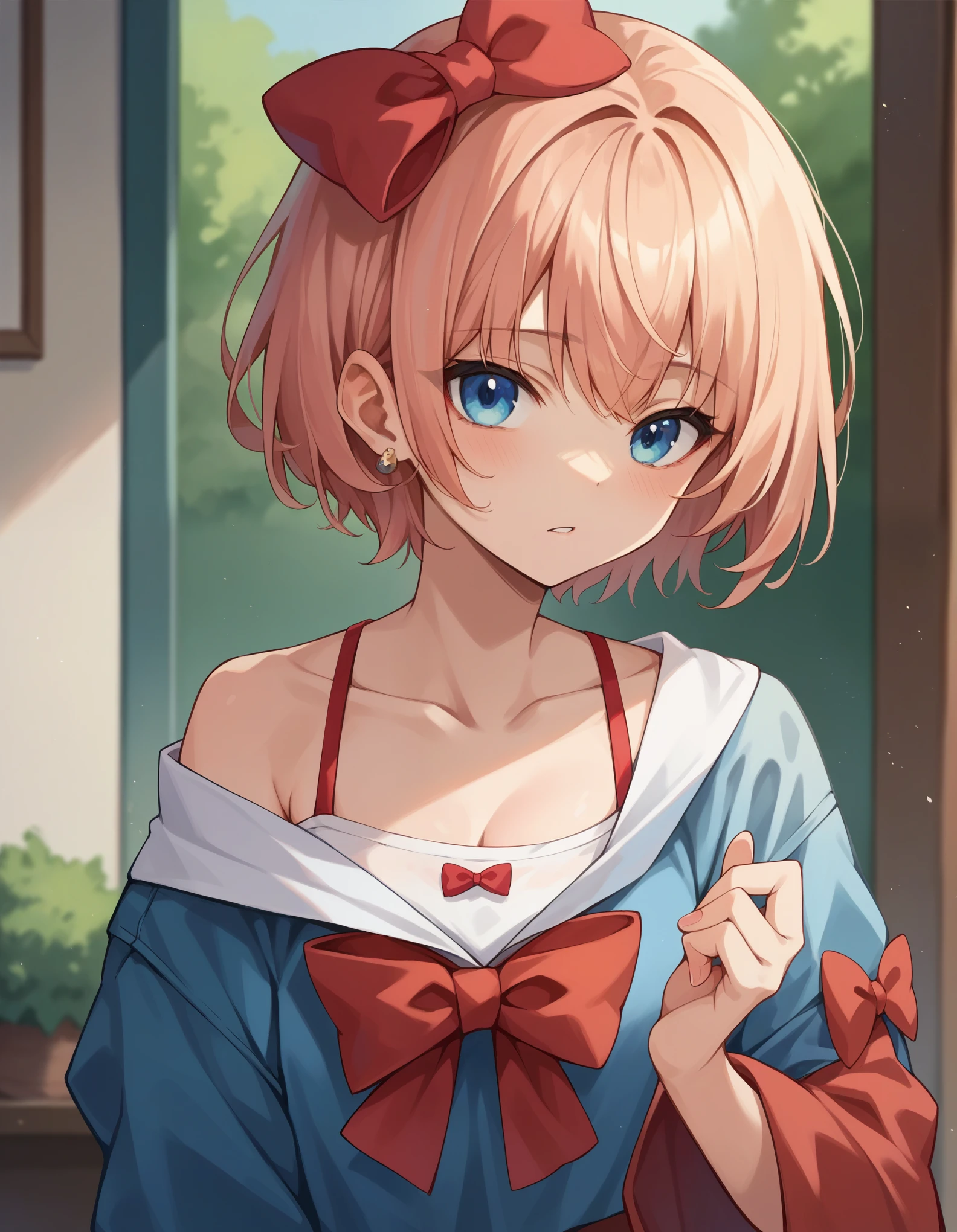 sayori, blue eyes, short hair, red bow