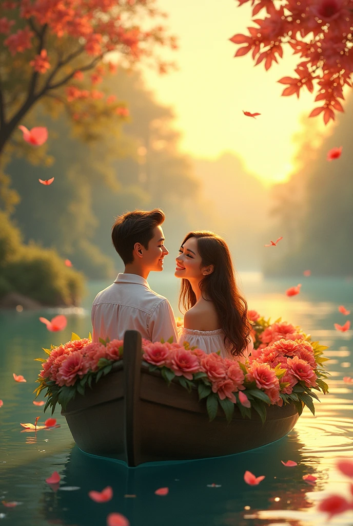 (Photorealism:1,2) a boy fall love in with girl boy name is Ahmed and girl name is Noor , they are sitting in boat and weather is very romantic in background rose flowers