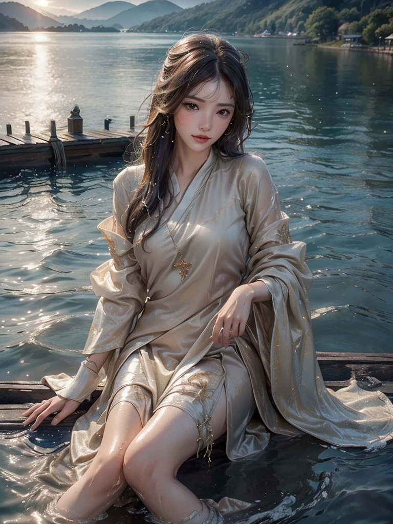 (Realistic:1.35),  masterpiece, 最 high quality, CG,  wallpaper,  Hi-Res,  high quality,  High Definition,  extremely detailed, 
( Intricate Details), (Subtle details), ( Intricate Details), 

(woman), 
((Pier sticking out into the lake :1.3)), 
(Squall:1.35, splashes:1.35), 

 beautiful scenery , 
(Midnight, Night Sky), (( starry sky )),
Shine, Sparkle, 

( wet hair,  wet skin ,) 
Brown Hair,  clevis, 
( wearing soft silk clothes  ), 
 Headdress, 
Shine瞳, 
 perfect face,   detail face touching the kinky area , 
(完璧なwomanの解剖学, Two legs, Two Legs, Two wrist), 

