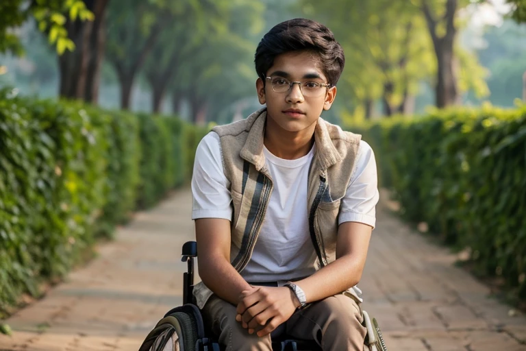  1 beautiful indian teenager , rounded face, a serious expression on his face,

realistic dishevelled short curly dark brown hair,

realistic beautiful brown eyes, glasses,

Multiple Poses and Expression, full body, sitting in wheelchair(realistic wheelchair),

White shirt, wool plaid sleeveless jacket, grey canvas pants, old sneakers, 

whole body, 

character sheet, 

different angles, realistic clothes texture, realistic hair, masterpiece, beautiful detailed rounded face,

background white --ar 3:2