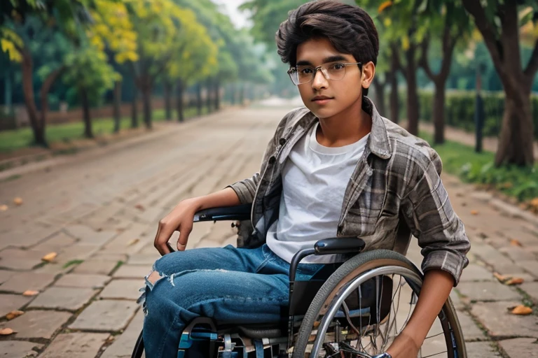  1 beautiful indian teenager , rounded face, a serious expression on his face,

realistic dishevelled short curly dark brown hair,

realistic beautiful brown eyes, glasses,

Multiple Poses and Expression, full body, sitting in wheelchair(realistic wheelchair),

White shirt, wool plaid sleeveless jacket, grey canvas pants, old sneakers, 

whole body, 

character sheet, 

different angles, realistic clothes texture, realistic hair, masterpiece, beautiful detailed rounded face,

background white --ar 3:2