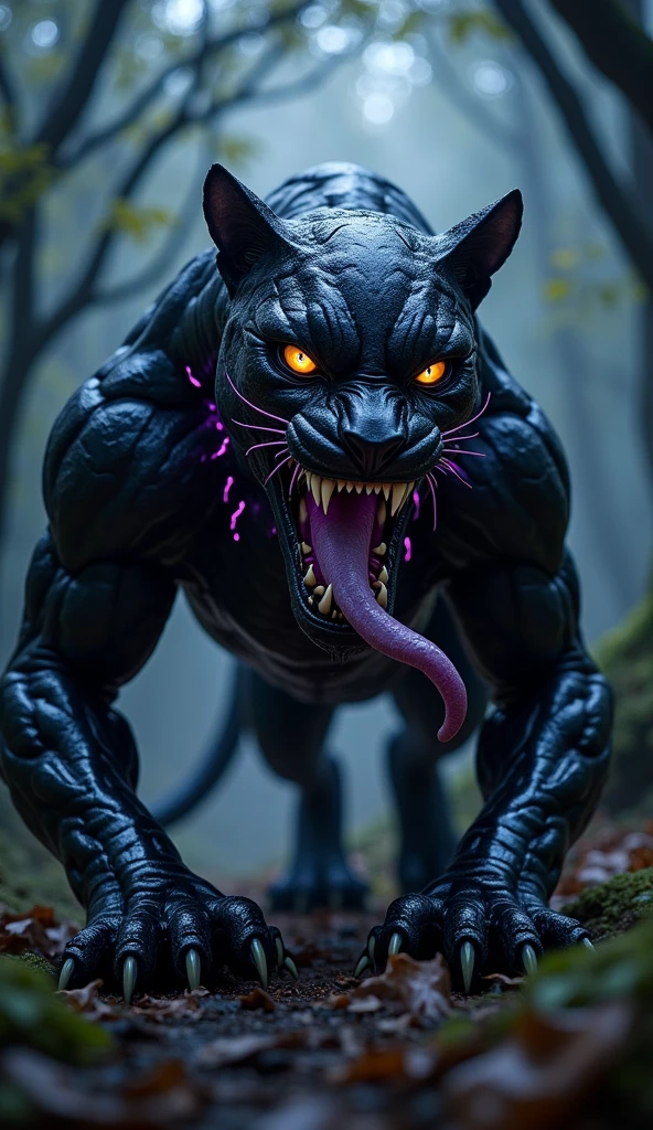 Draw a creature that is a mix of Venom and Black Panther.。Venom's distinctive black symbiote、Covering the black panther's smooth, muscular body。Sharp fangs bared、Lines stand out on the shiny, jet-black skin。Her eyes are ice blue、Glaring at the surroundings。Symbiote tentacles extend from his back.、A pose that looks like a predator capturing its prey.。The background is a dark jungle and a city.、It makes him even more ferocious.。