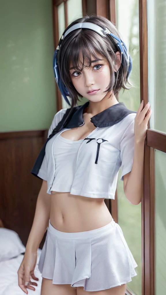 ((highest quality、best image quality、ultra high resolution、Ultra-high definition drawing、alone、Look closely at the camera、light colored eyes))、(両手でにbuttをつかまれる女の子:1.6)、(ponytail),(Dark blue police hat: 1.4),(A face that looks like it's about to cry、tears、Reluctant、embarrassing: 1.1),(white shirt: 1.9), (bottom less、butt: 1.8), As the title says、17 years old、(on stage:1.6)