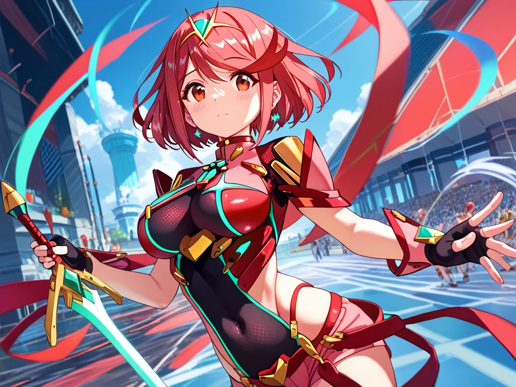 (highest quality:1.2, Very detailed, up to date, Vibrant, Ultra-high resolution, High Contrast, masterpiece:1.2, highest quality, Best aesthetics), round face, very cute face, (((1 girl))), pyra \(xenoblade chronicles 2\), red eyes, masterpiece, maximum quality, 4k,  ultra detailed, pyra's cosplay, ((attack pose)), fighting holding ((aegis' sword) (Pyra's sword), 