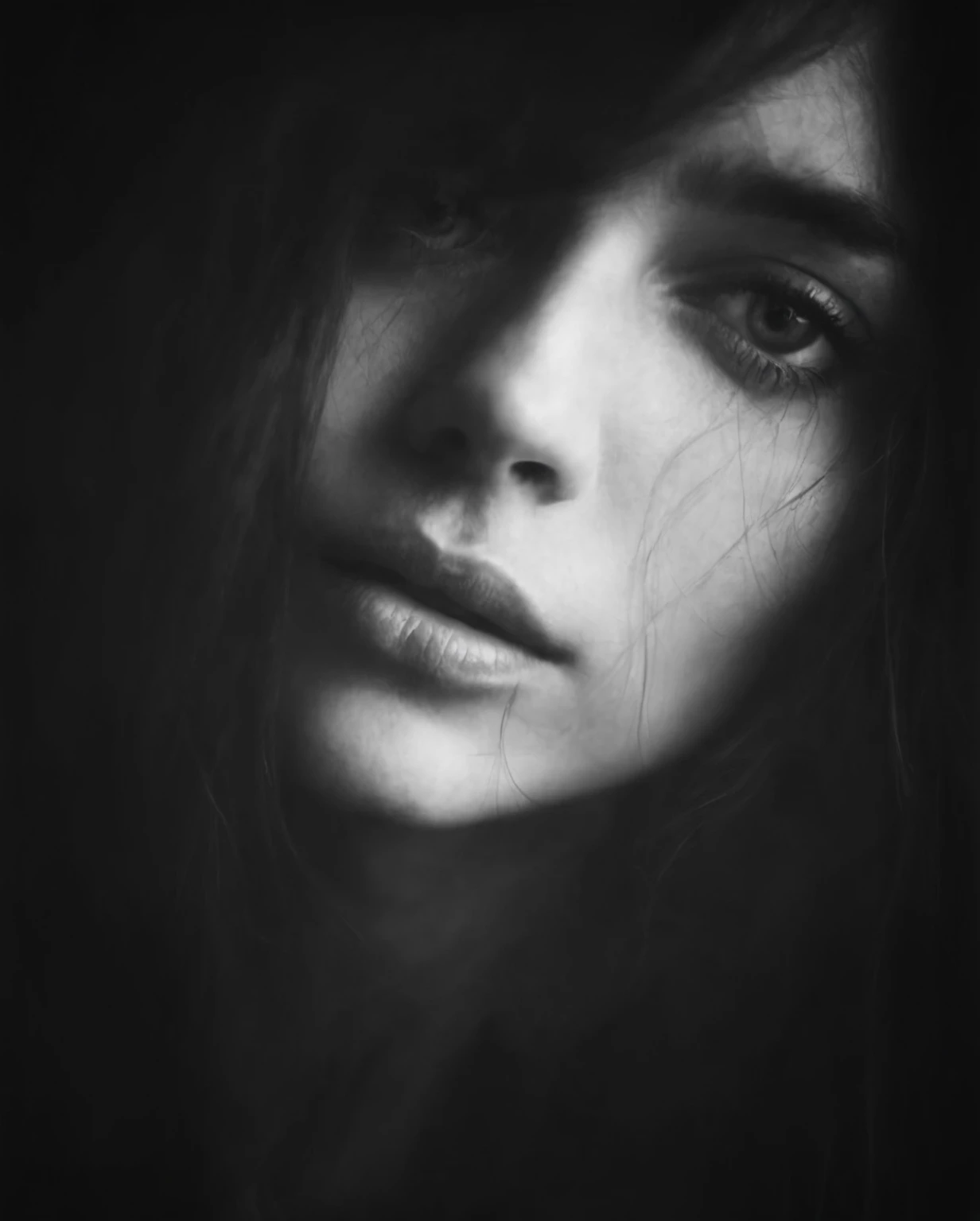 a black and white photo of a woman's face with long hair, by irakli nadar, melancholic face, emotive portrait, black and white portrait, inspired by irakli nadar, by Dimitre Manassiev Mehandjiysky, black and white artistic photo, close - up face portrait, by Silvia Pelissero