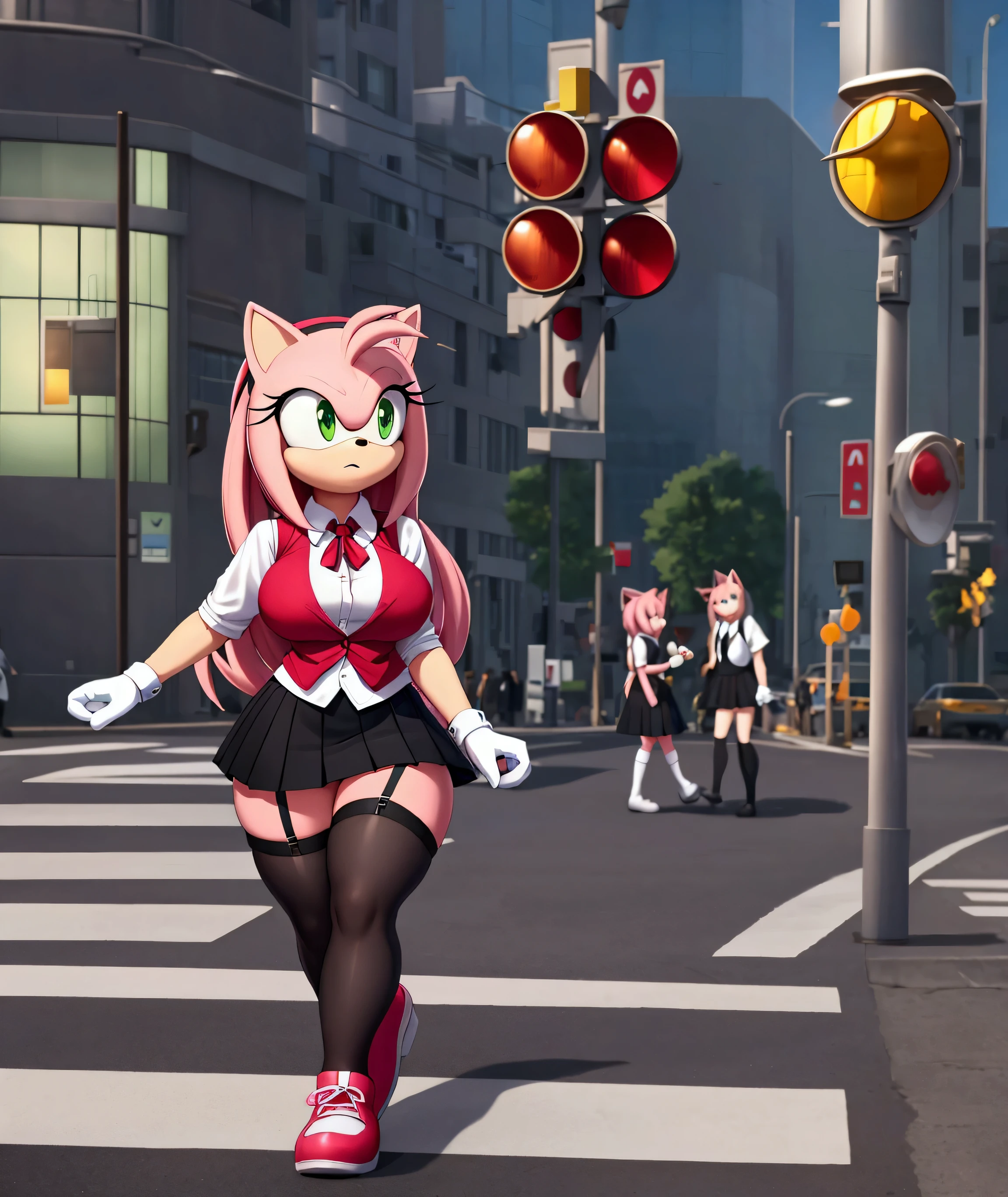 Amy rose , green eyes,schoolgirl vest, ribbon with flowers on her head, long hair ,,schoolgirl skirt, black stockings with straps,,  black gloves, small hips , large breasts,  Big Thighs,   walking on the street ,at a pedestrian crossing,Next to a traffic light , Large windows,on day 