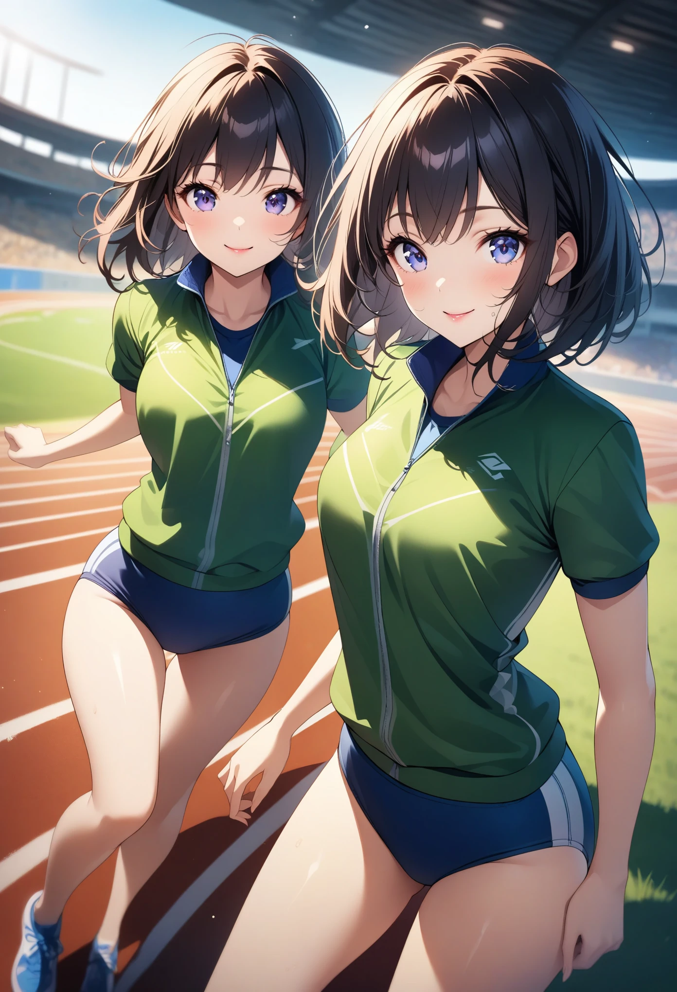 Young woman in gym clothes 、buruma:1.4、 Running、Running pose:1.2、(( Beautiful eyes with every detail 、 Beautiful Lips with Every Detail 、 Extremely detailed face and body、 delicate facial features 、Cute Smile:1.1))、((Athletics Track、Stadium))、Graceful pose、 dynamic actions、Perfect Symmetry 、 vibrant colors、Warm lighting、 Dutch angle、8k、 very fine 、CG illustration:1.2、 sharp focus、 professional quality、Elegant Aesthetics