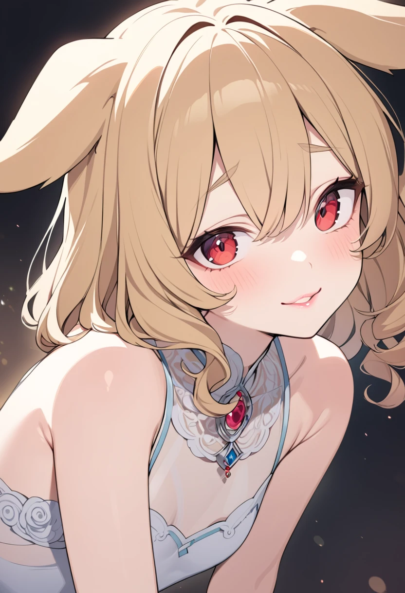  one girl,Droopy eyes, Best Quality,  Hi-Res,    jewellery,  perfect face,  perfect eyes, pink lips, Small breasts,  medium cut hair ,Curly Hair, blonde hair ,Red eyes,Dog ears,smile,