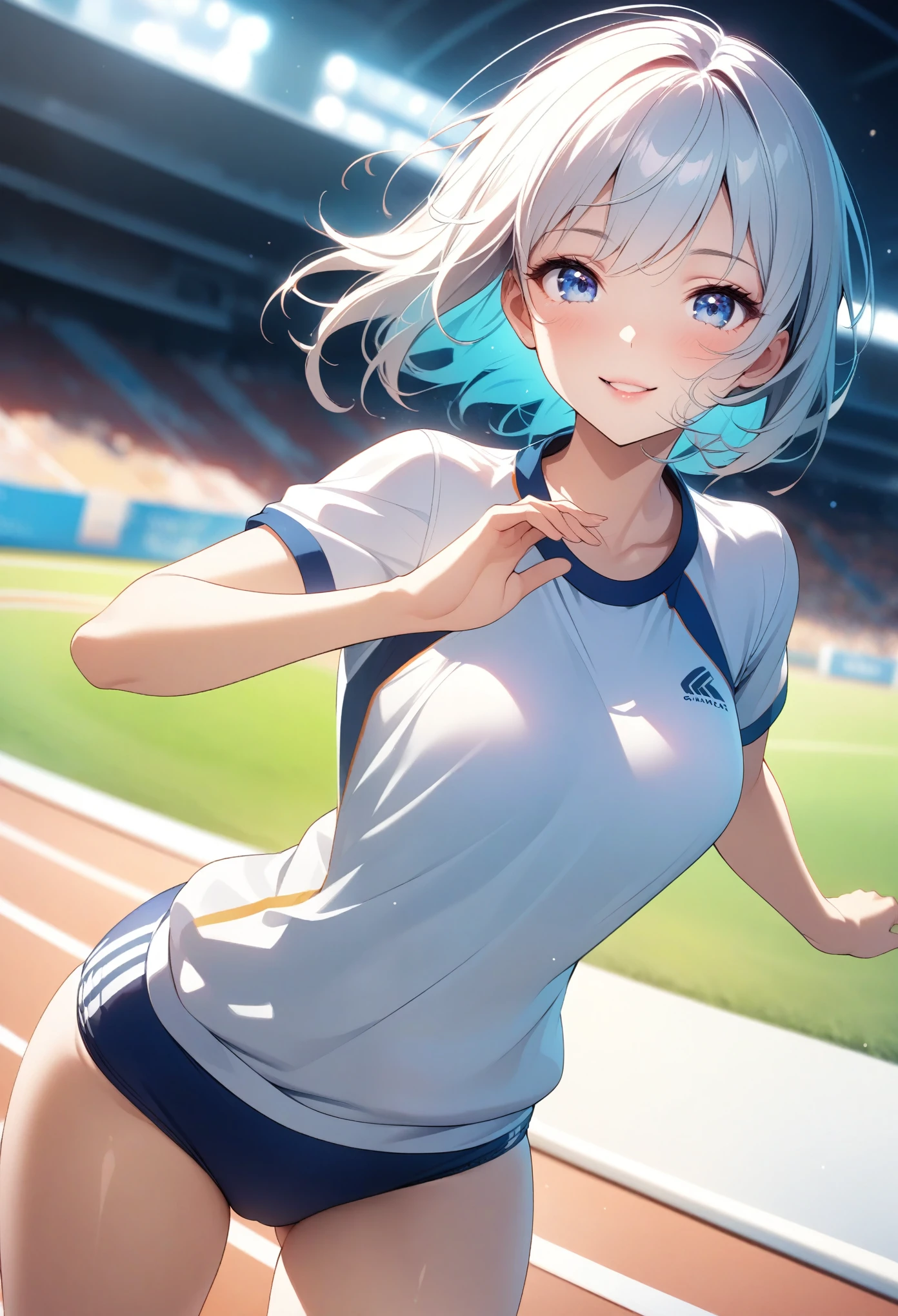Young woman in gym clothes 、buruma:1.4、 Running、Running pose:1.2、(( Beautiful eyes with every detail 、 Beautiful Lips with Every Detail 、 Extremely detailed face and body、 delicate facial features 、Cute Smile:1.1))、((Athletics Track、Stadium))、Graceful pose、 dynamic actions、Perfect Symmetry 、 vibrant colors、Warm lighting、 Dutch angle、8k、 very fine 、CG illustration:1.2、 sharp focus、 professional quality、Elegant Aesthetics 