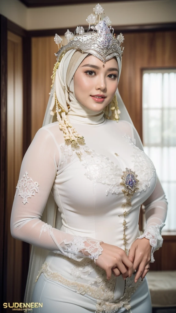 (masterpiece), ((best high quality:1.0), (ultra highres:1.0), detailed illustration, 8k, ((highest detailed)), ((ultra realistic)), soft lighting, ((realistic face, realistic skin)), ((super high resolution)), extreme detailed, ((HD picture)), ((indonesian old mother with hijab)), huge breasts, forward chest, busty body, open chest, short body, ((perfect beautiful face, thick lips, blush, Perfect round eyes, fat body)), ((sexy panganten sunda)), 2/3 body, ((wedding hall background)), ((sundese interior design))