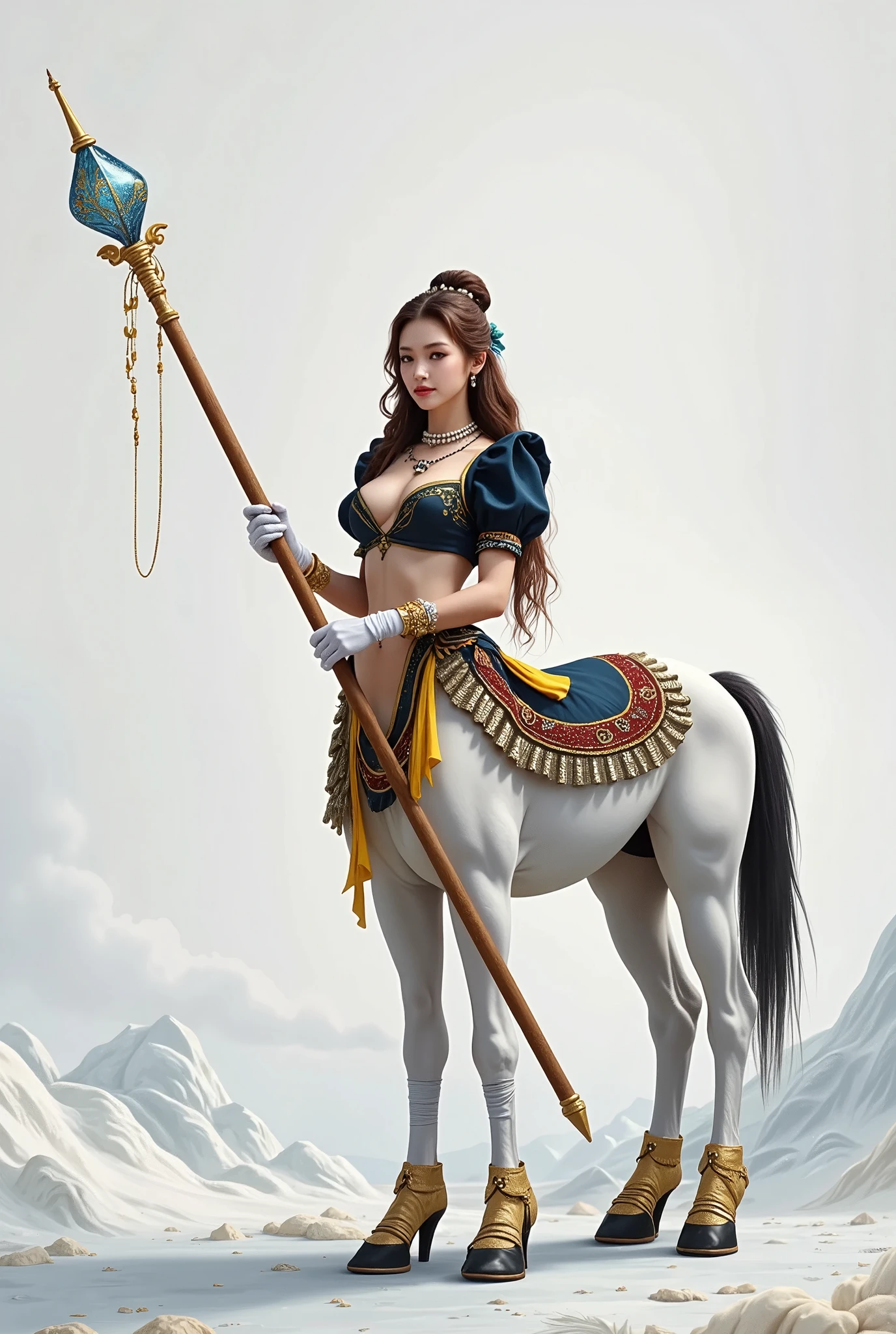 1Centaur Girl,((masterpiece)), best quality,absurd, super detailed,(whole body:1.5), golden ratio , super cute beautiful Asian Edoo girl , very beautiful bright violet eyes , beautiful colorful shiny brown hair ,High Ponytail,Good figure,fit, perfect figure ,( wearing a stately and delicate royal Cinderella court evening dress:1.5), huge puff sleeves and hourglass waist ,Embellished with bows ,Embroidery and jewelry, long white gloves , pearl necklace and earrings ,beautiful hair accessories,( pink crystal heels :1.8),Dark theme elements , pencil sketch ,(Rococo style, , modern, Ultra HD, Anatomically Correct , Accurate, Textured Skin , 8K)