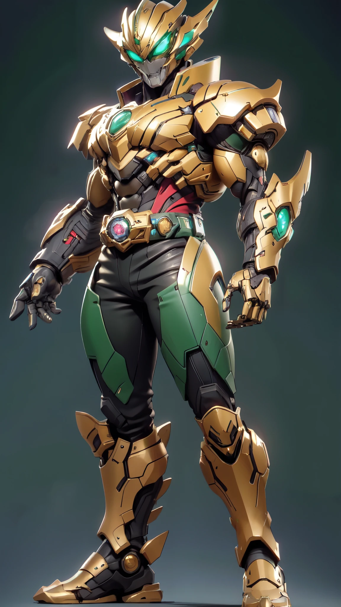 (masterpiece:1.5, best quality:1.5, extremely delicate:1.5), ((male:1.5)), a man wearing a full-face helmet, green eyes, fantasy-style high-tech biomimetic armored combat suit, (a composite layered chest armor), the design balances heavy with agility, fully enclosed shoulder guards, matching arm and leg guards, a belt of gemstone, (the color scheme is primarily Red with Green and Golden accents, Organic Biotech, Concept Inspired by Kamen Rider, glowing eyes, armor glows, stand of a futuristic sci-fi city), this character embodies a finely crafted fantasy-style armored hero in anime style, exquisite and mature art style, metallic, high definition, highres, ultra-detailed, ultra-fine painting, professional, perfect body proportions, golden ratio, anatomically correct, symmetrical face, extremely detailed eyes and face, high quality eyes, creativity, RAW photo, UHD, 32k, Natural light, cinematic lighting, masterpiece-anatomy-perfect