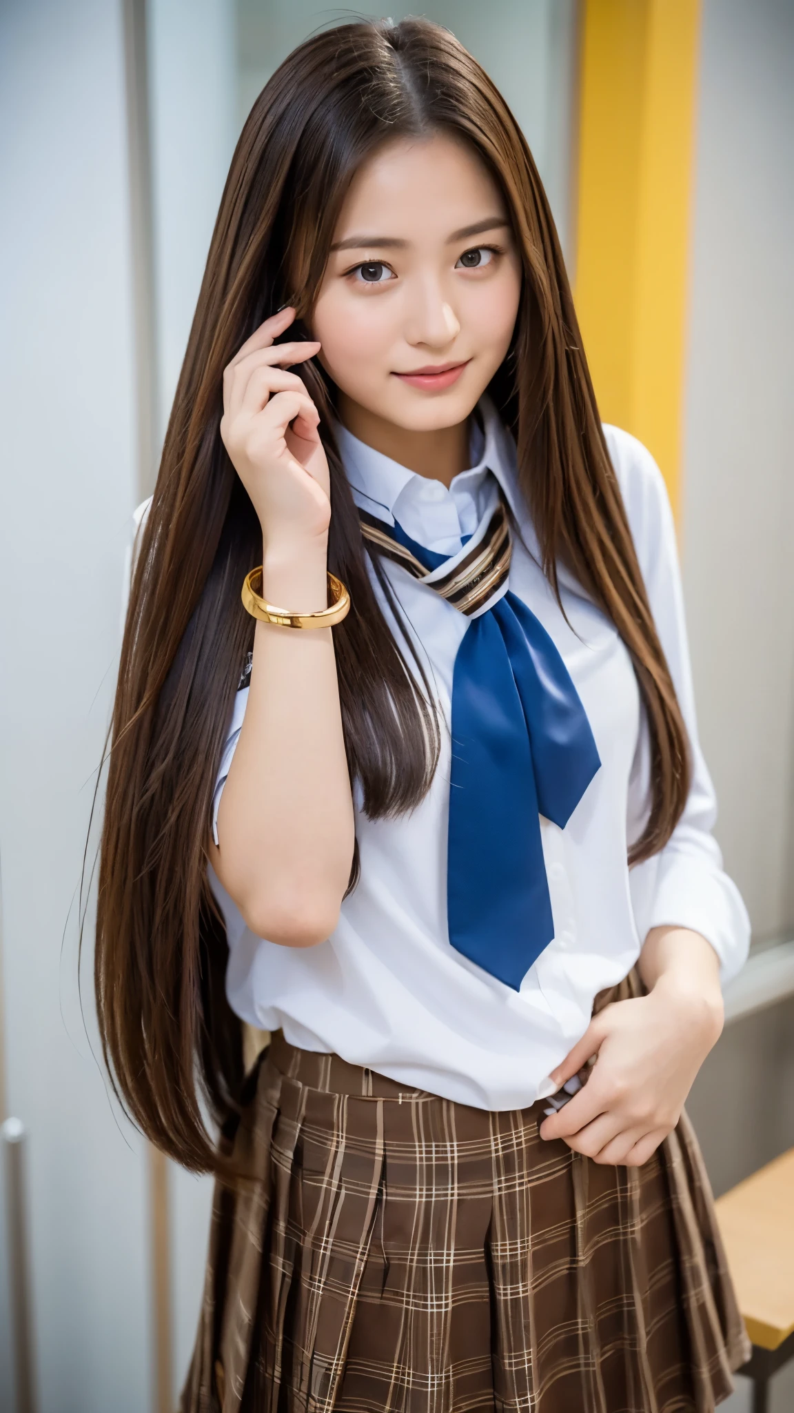 (Highest quality, 4K, 8k, High resolution, masterpiece, Genuine, Realistic, Realistic:1.3), (upper body), Girl standing in a school changingroomand touching skirt, blue neckerchief Uniform, Dark Blown Blazer, blown plaid skirt, Ear piercing, Gal Makeup, wearing white callored shirts, ((brown straight long hair:1.3)), gold bracelets, 18-year-old, A small smile,Thighs, knees, From below, having pinching skirt:0.4, open legs:0.8,