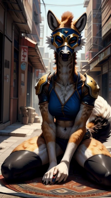  A giraffe in a mask and cat costume sitting on a rug,  fox-inspired armor ,  Loba Andrade from Apex Legends ,  Fox Girls , pov  furry  art,  an anthropomorphic cyberpunk fox , Female Beast Set , female  furry  mini cute style,  furry ,  furry  character, Wearing a fox mask, An anthropomorphic fox, Female anthropomorphic wolf 